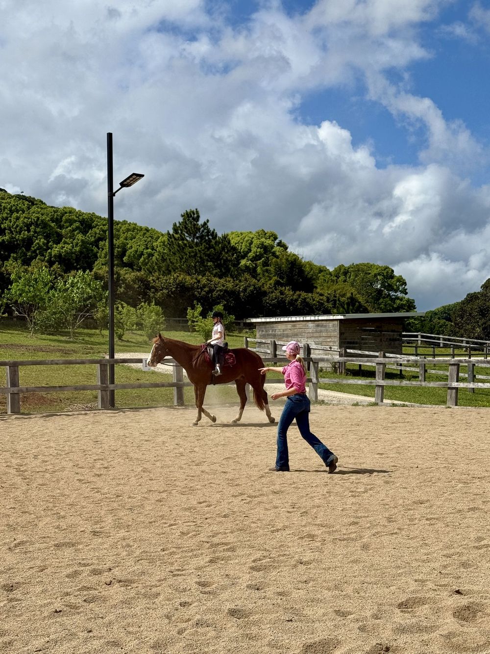 Instructor in pink walking beside a rider